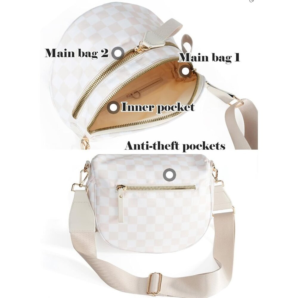 Women Beige Imported Polyester Checkered Crossbody Fanny Packs Belt Bum Bag - Picture 4 of 6